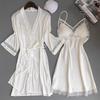Women's Silk-Feel Two-Piece Nightgown Set with Chest Pads - Long Sleeve Robe for Spring To Summer