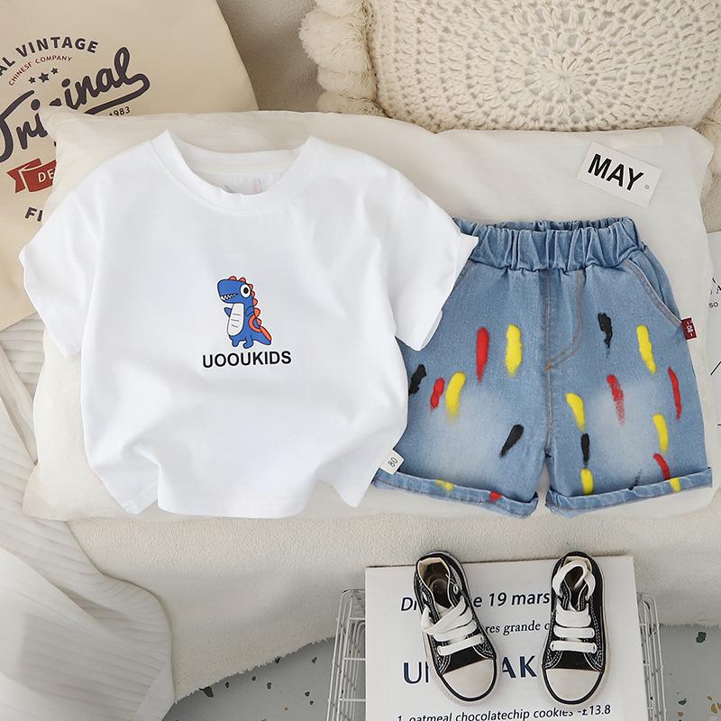 Jungen Sommer Dinosaurier Print Kinder Kurzarm Set Modisches und Vielseitiges Jungen Baby Sommer Zweiteiler