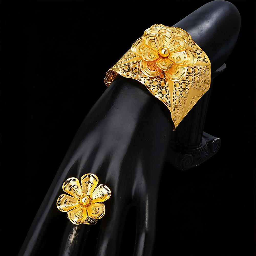 

24K Gold Plated Hollow Flower Bracelet and Ring Set for Middle Eastern Brides - Luxury Open Wide Band Jewelry for Women