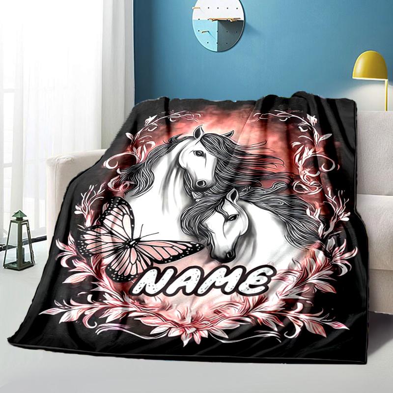 1PC Custom Name Horses Butterflies Artwork Flannel Blankets Patterns Throw Blanket All-Season Soft Gift for Couch, Bed, Camping Gifts