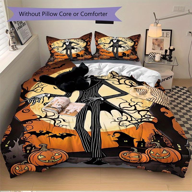 3pcs Halloween Jack Skellington Bedding Set, Includes Quilt Cover and Pillowcases, Suitable for All Seasons, Machine Washable, Ideal Gift Fo