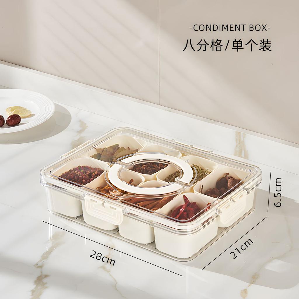 Plastic Kitchen Seasoning Storage Box with Airtight Seal, Divided Compartments, Transparent, for Spices and Grains