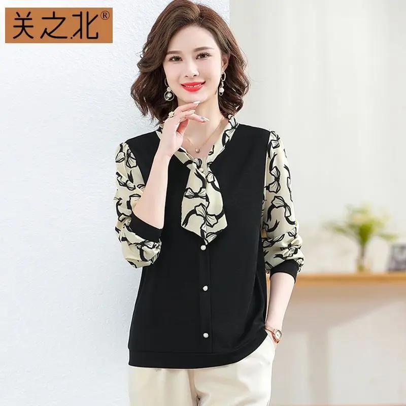 Wealthy Lady's Knitted Shirt Middle-aged and Elderly Women's Top Long Sleeved Base Shirt Western-style Middle-aged