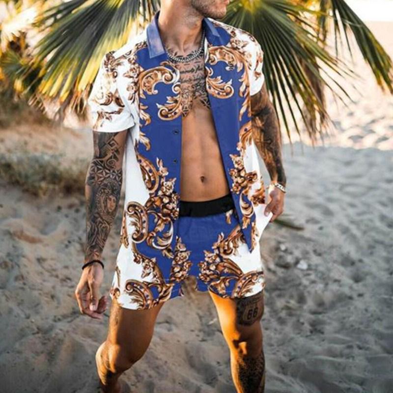 2022 Summer European & American Men's Casual Loose Short-sleeved Shirt & Shorts Beach Set