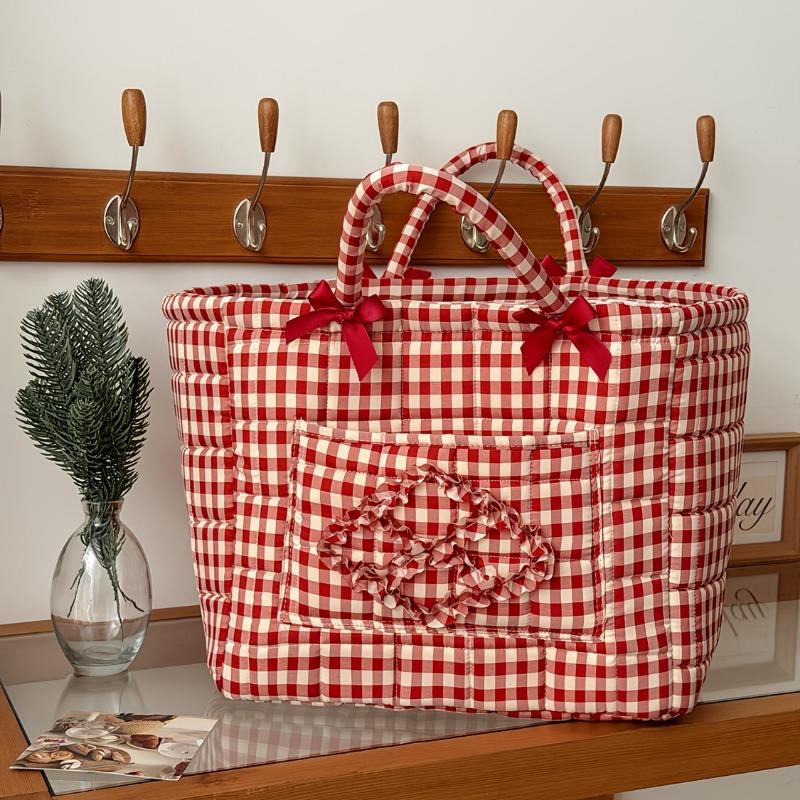 Vermilion Plaid Storage Basket with Stone Handles, Ins Style Portable Organizer for Bathroom Laundry & Sundries