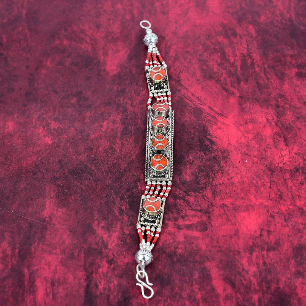 Rød Korall Håndlaget Edelstensarmbånd, 925 Solid Sterlingsølv Armbånd Antikke Nepalske Smykker, Til Forlovelsesgave
