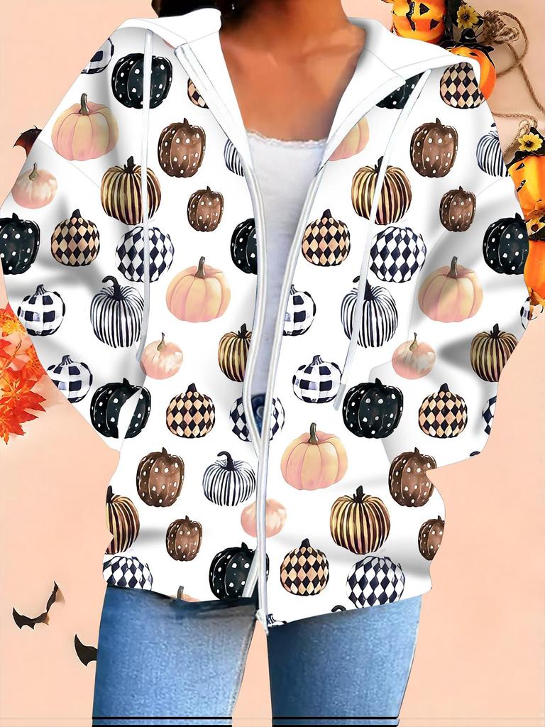 Halloween 3D Printed Hooded Cardigan Plus Size Autumn Winter Retro