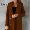 Lapel Collar Coat Women Woolen Jacket Turn-down Solid Color Double-breasted Mid Daily Wear Length Thermal Long Sleeved Commuting Dating Spring