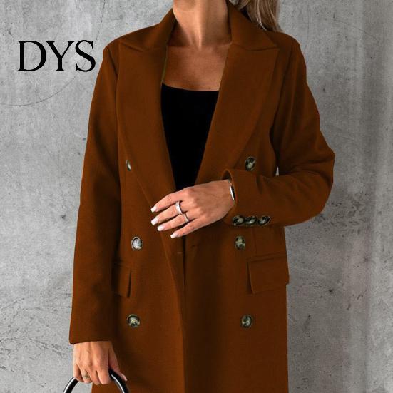 Lapel Collar Coat Women Woolen Jacket Turn-down Solid Color Double-breasted Mid Daily Wear Length Thermal Long Sleeved Commuting Dating Spring