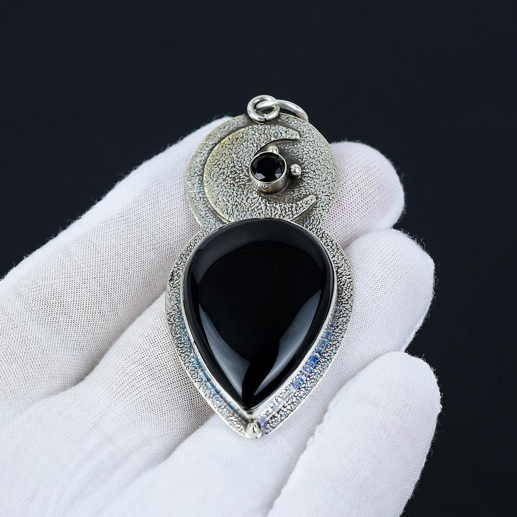 Tidlös Svart Onyx, Svart Spinell Ädelstenshänge, 925 Sterling Silver Hänge, Handgjort Kristallhalsband, Naturliga Helande Smycken För Gåvor