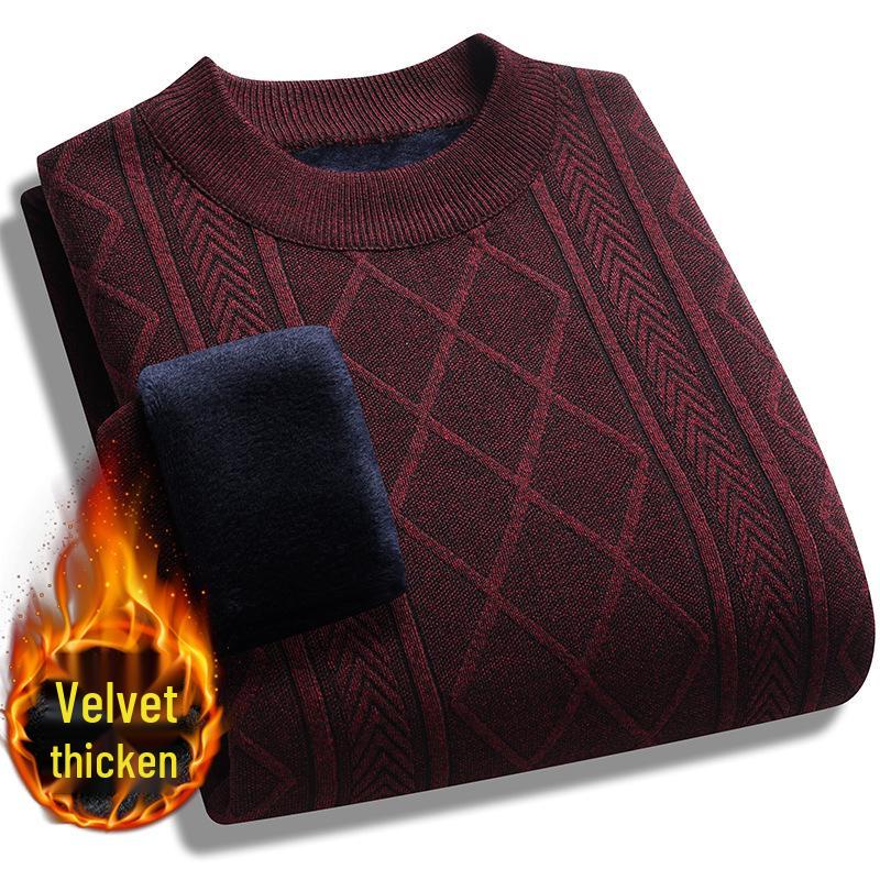 

Мужской зимний свитер на флисовой подкладке, толстой вязки, с длинным рукавом, для мужчин среднего и пожилого возраста, теплая осенне-зимняя кофта для папы. M вино красного