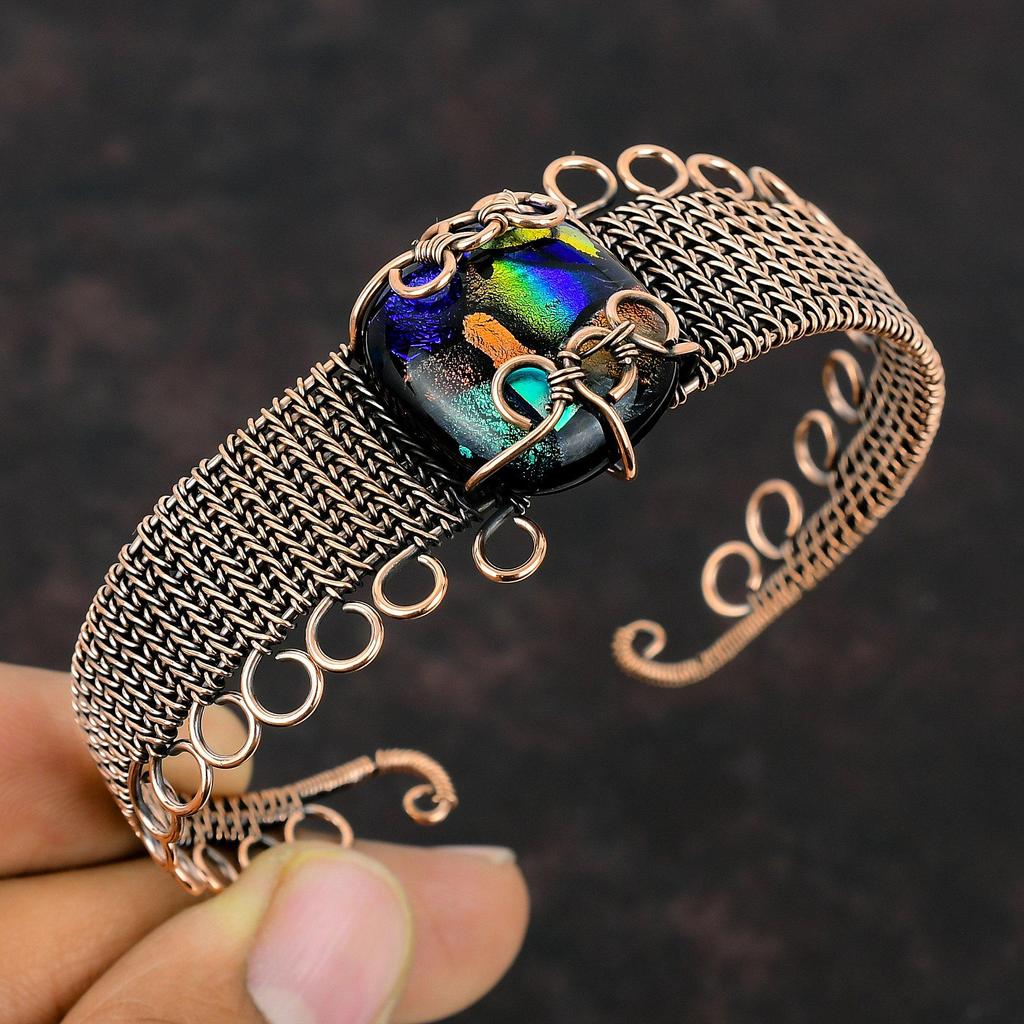 American Dichroic Glass Bangle Copper Wire Wrapped Cuff Bracelet Adjustable Bangle For Gift Handmade Copper Jewelry Gemstone Cuff Bracelet