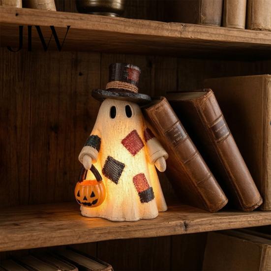 Harvest Festival Entryway Displays Lighted Patchwork Ghost Resin Figurine with Pumpkin Lantern, Rustic Farmhouse Style Halloween Whimsical Autumn Home