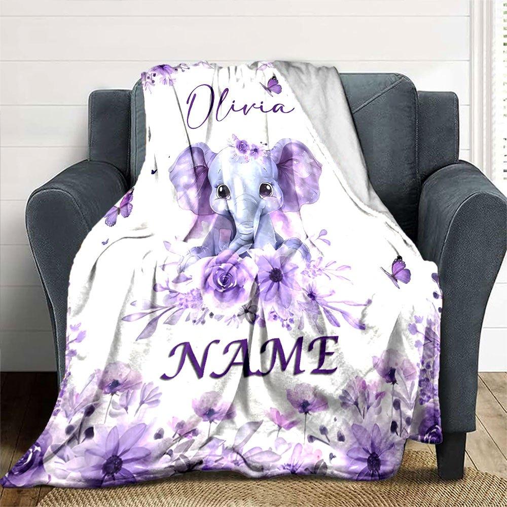 Cute Purple Elephant With Floral Design And Butterfly Theme For Olivia Customization Cozy Personalized Blanket Customize Text Durable Comfort Throw