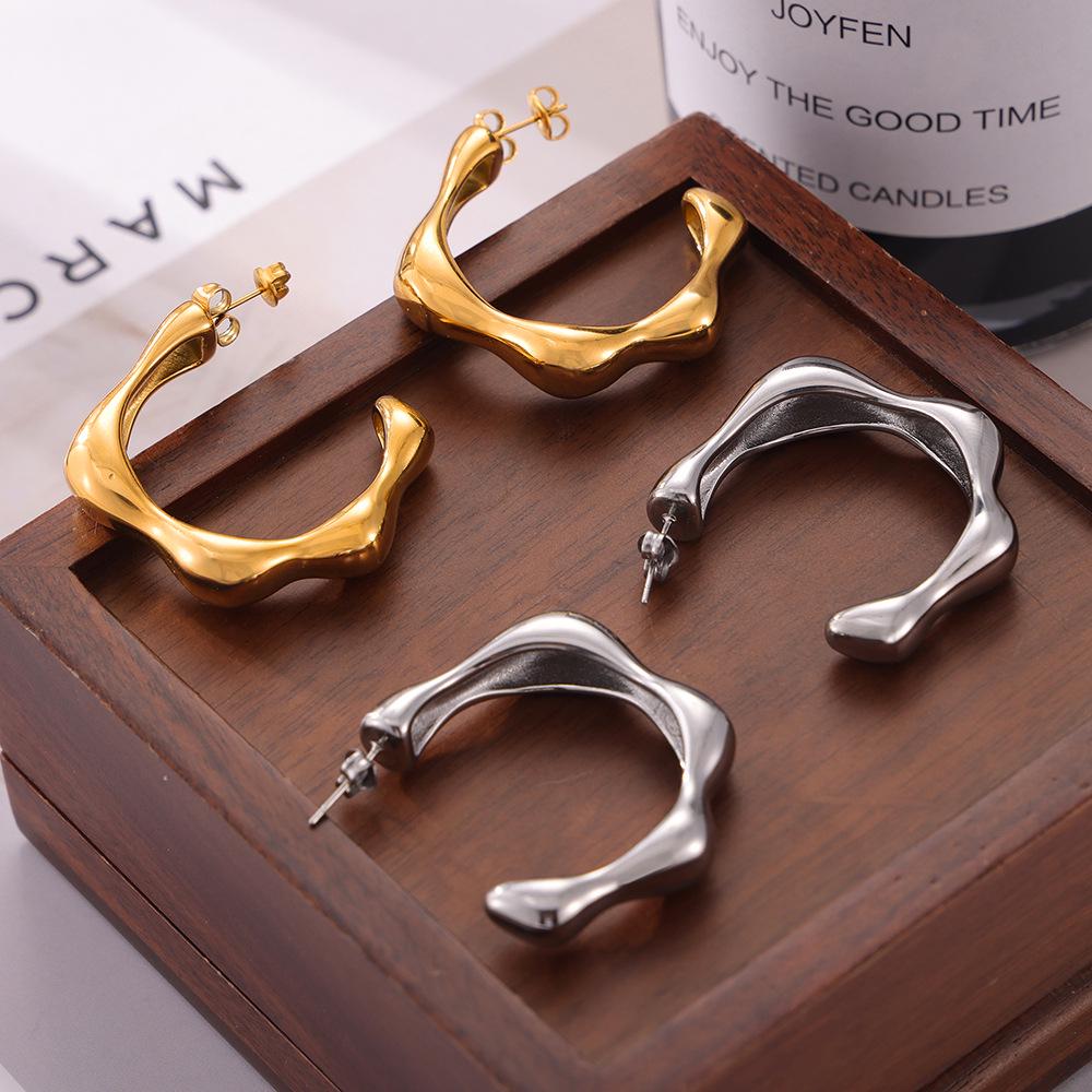 Elegant C-Shaped Stud Earrings, European/American Style, Irregular Design, Titanium Steel, Real Gold Plated, Cold & Sophisticated Appeal