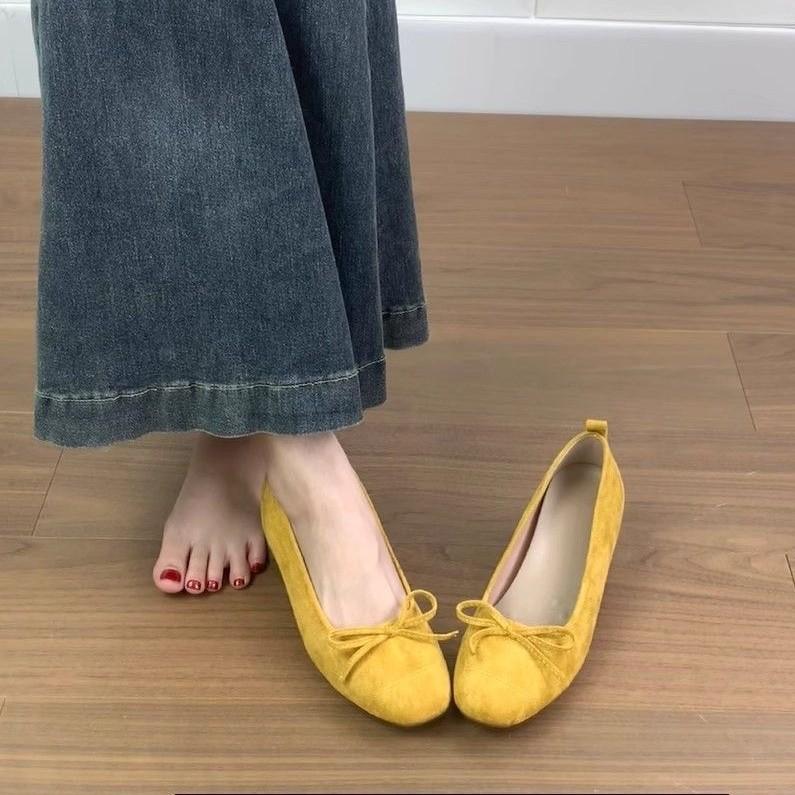 

Мягкая кожа французские туфли-балетки с внутренним подъемом и бантом, с открытым верхом, женские туфли, туфли для бабушки, одинарные туфли на лето и осень 2025 года, для ношения с юбкой 40 жёлтый