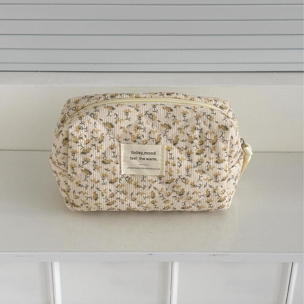 Yellow Floral Corduroy Makeup Bag - Korean Style, Portable, Large Capacity, Washable