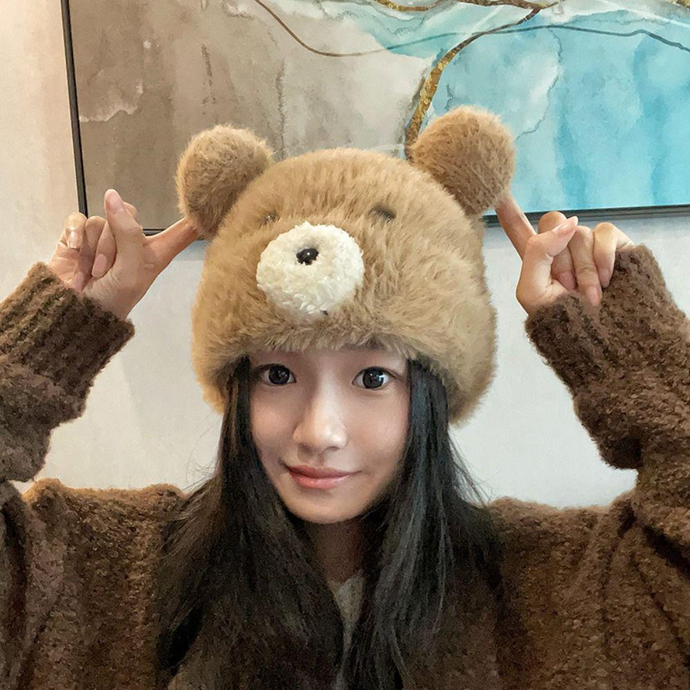 Warm Cute Bear Ear Hat Korean Pompom Beanie Cap Leisure Women Fluffy Hat  Girls