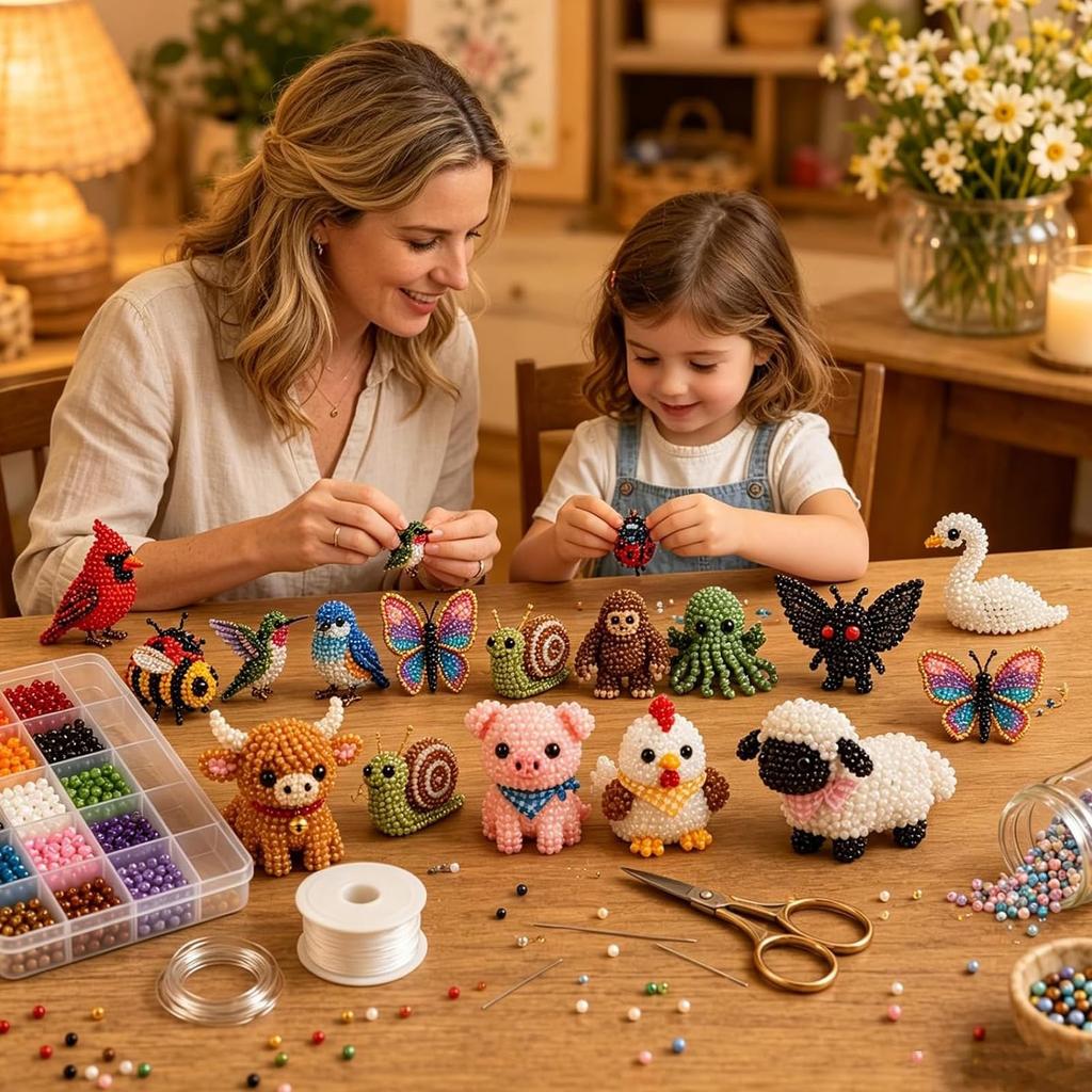 Tiny 3D Beaded Animal DIY Kit, Easy DIY Beading Embroidery Kit With 4 Cute Designs, 3D Animal Themed Beadwork Kit For Beginners