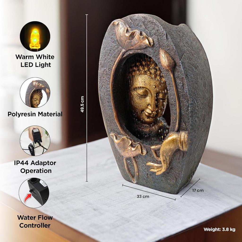 Buddha Idol Water Fountain for Home Decor LED Lights | Waterfall Fountains for Living Room, Garden, Office, Reception,Tabletop |