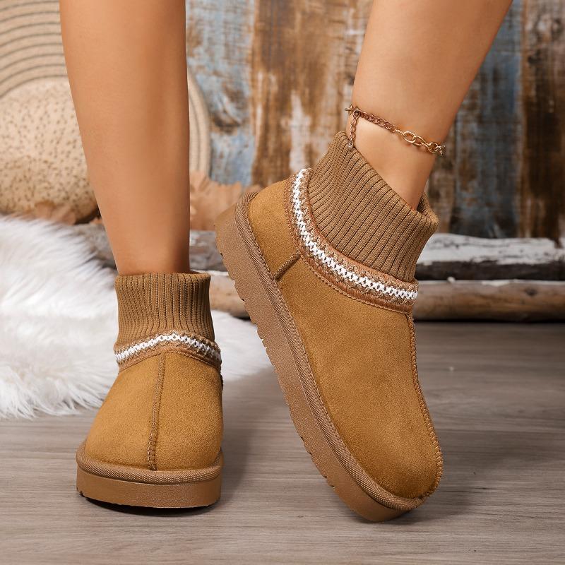 New Winter Platform Leather Knitted Warm Snow Boots Women's Platform Fleece Thickened Wool Mouth Cotton Boots