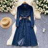 European and American retro style Polo collar denim dress women's winter belt thin single-breasted design temperament dress