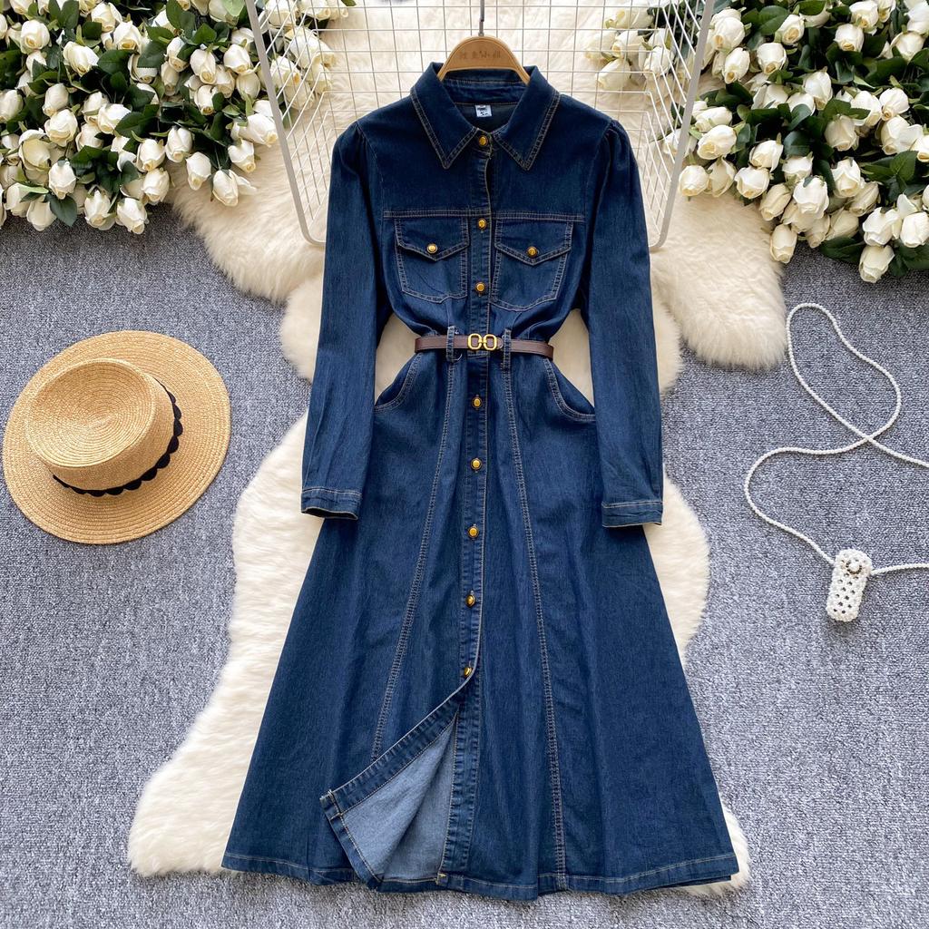 European and American retro style Polo collar denim dress women's winter belt thin single-breasted design temperament dress