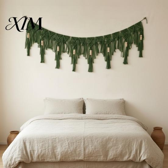 Textured Wall Decor Boho Garland Hanging with Wooden Beads, Hand Woven Cotton Tassel Banner, Knotted Tapestry Nordic Window Tapestry, Bohemian