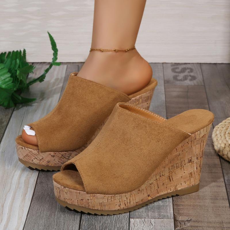 Women's Summer Wedge Thick-Soled Suede Peep-Toe Slide Sandals, Fashionable Casual Footwear, Available In Large Sizes.