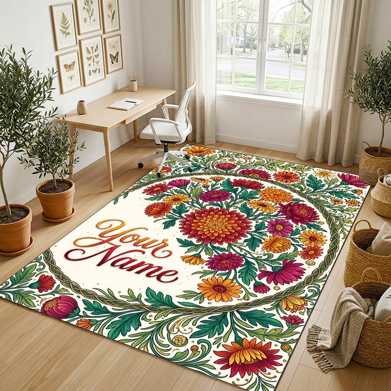 Floral Artwork Theme Soft Crystal Velvet Rug Custom Name & Text Print Non Slip Floor Rug for Bedroom Living Room