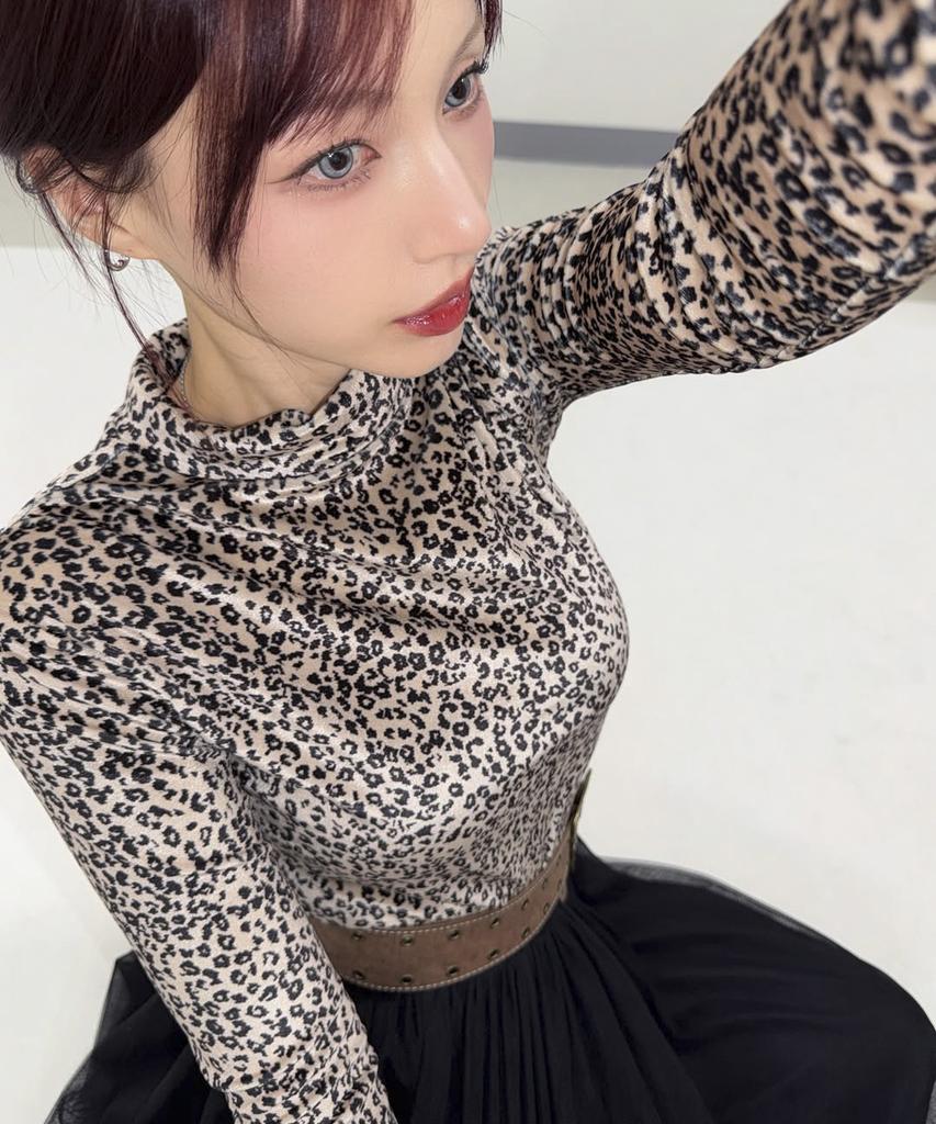 Deumakeu Leopard High-Neck Long Sleeve Tee - Beige