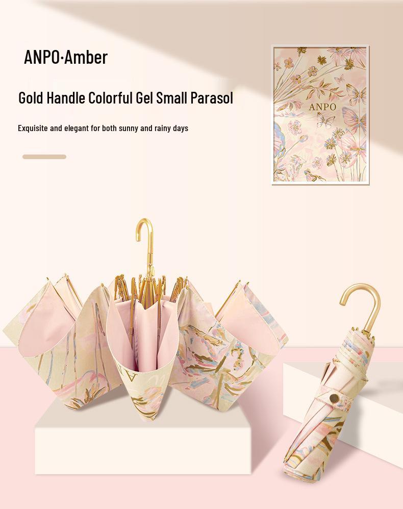 Gold Curved Hook Sunshade Sun & Rain Anti-UV Folding Umbrella for Women