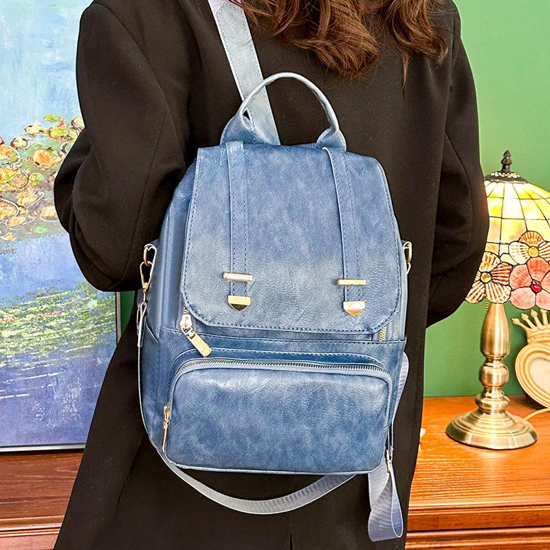 New Korean version backpack women's fashion PU soft leather texture British college style schoolbag retro backpack travel