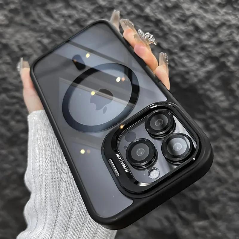 Magnetic Shockproof Phone Case For iPhone 16 16e 15 14 13 12 11 Pro Max For Magsafe Stand Glass Lens Protector Back Cover Funda