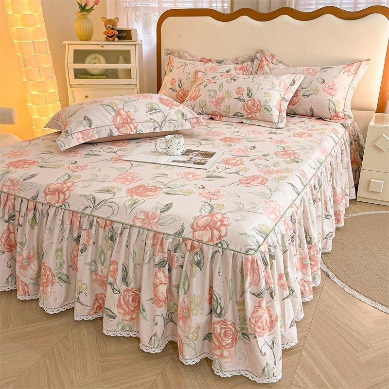 3pcs Printing Ruffled Edge Soft Comfortable Breathable Bed Skirt Set All-season Availability,  Mattress Cover, Printing Bedding Set, for Bedroom