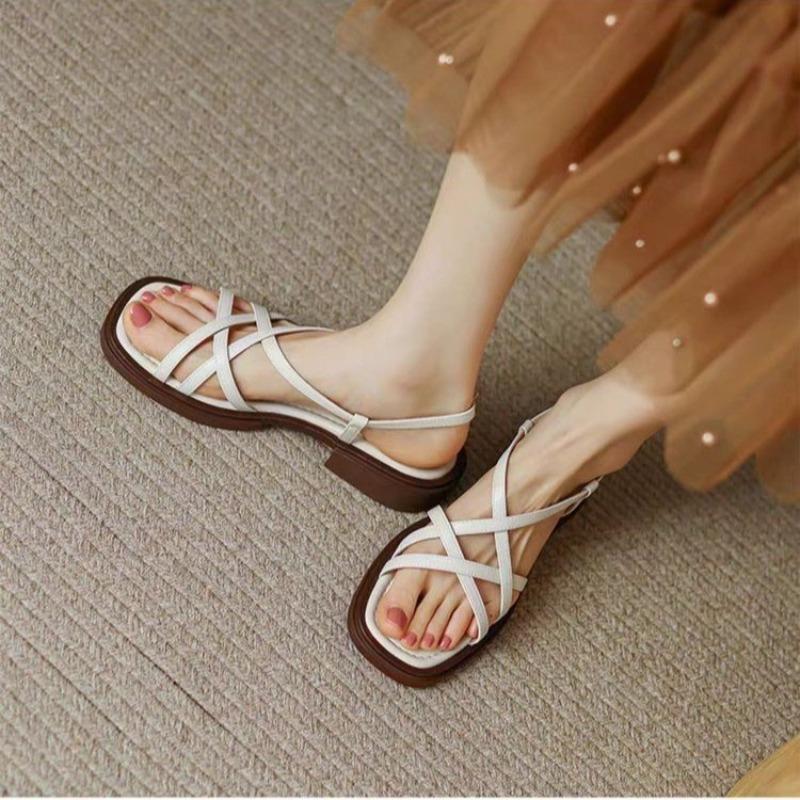 2026French Elegant Low Heel Roman Sandals Comfortable Open Toe Women's Shoes Fashionable Summer Slimming PU Leather