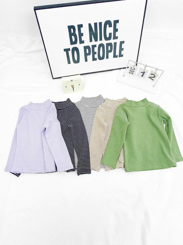Kids' and Parents' Striped Long Sleeve T-shirt - Semi-High Collar Elastic Layer for Autumn/Winter