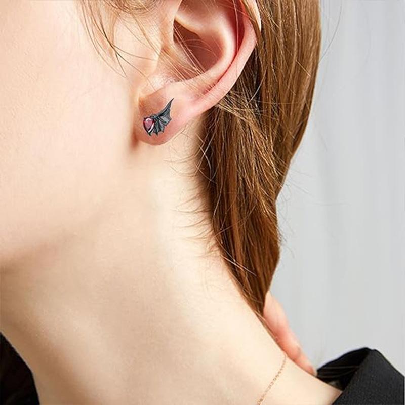 Gothic Punk Red Zircon Wing Earrings for Women Feather Angel Devil Ear Studs Unique Graduation Nightclub Look