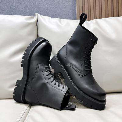 Summer 2024 New Youth Round Toe High Top Boots Mid-barrel Heel Leather Platform Retro Motorcycle Boots Combat Boots Cowboy Boots