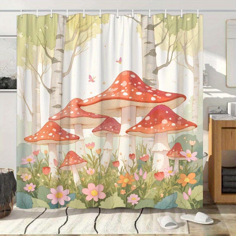 1pc Fantastical Forest Shower Curtain - Red-Capped Mushrooms, Pink & Orange Flowers, Dreamy Trees, 70.8x70.8", 12 Hooks