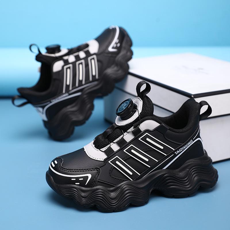 Children's sports shoes 2025 spring and autumn new leather waterproof rotating button casual and comfortable trendy boys and girls dad shoes