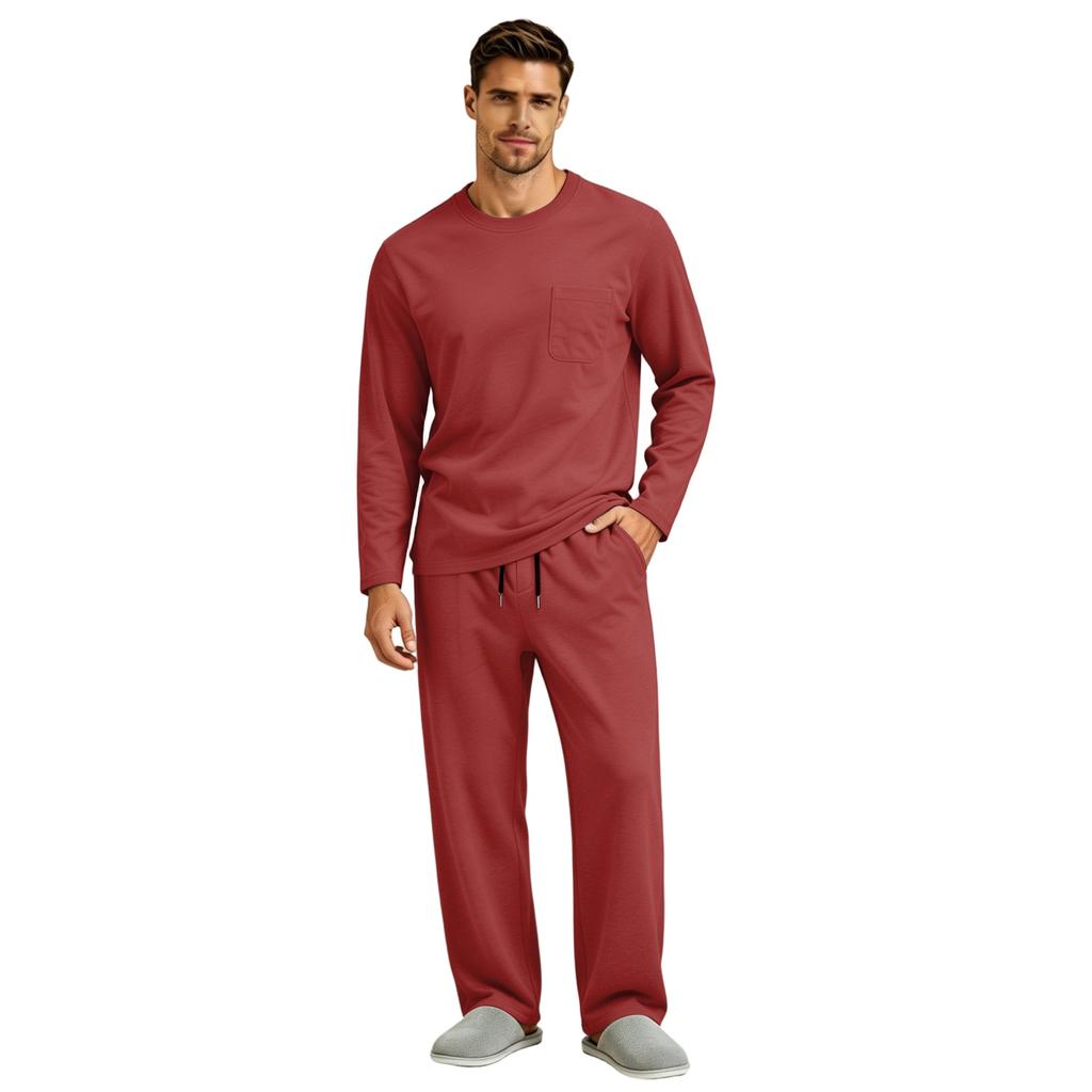 Men's Long Sleeve Pajama Set with Button Fly and Elastic Drawstring Waist for Sleep and