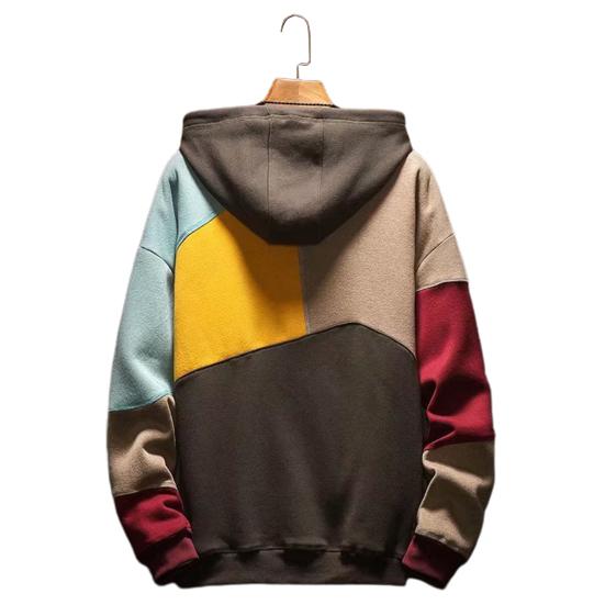 Men Autumn Hoodie Color Matching Thin Fleece Hooded Long Sleeves Oversized Keep Warm Big Pocket Casual Spring Hoodie for Daily Wear