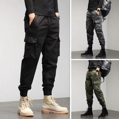 Men Cargo Pants Drawstring Waist Jogger Pants Military Style Outdoor Trousers