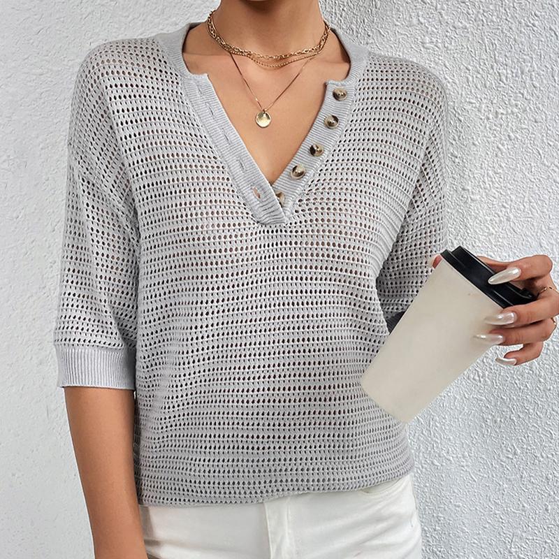 Women's Top Casual V-neck Cut-out Knit Pullover Short Sleeve T-shirt