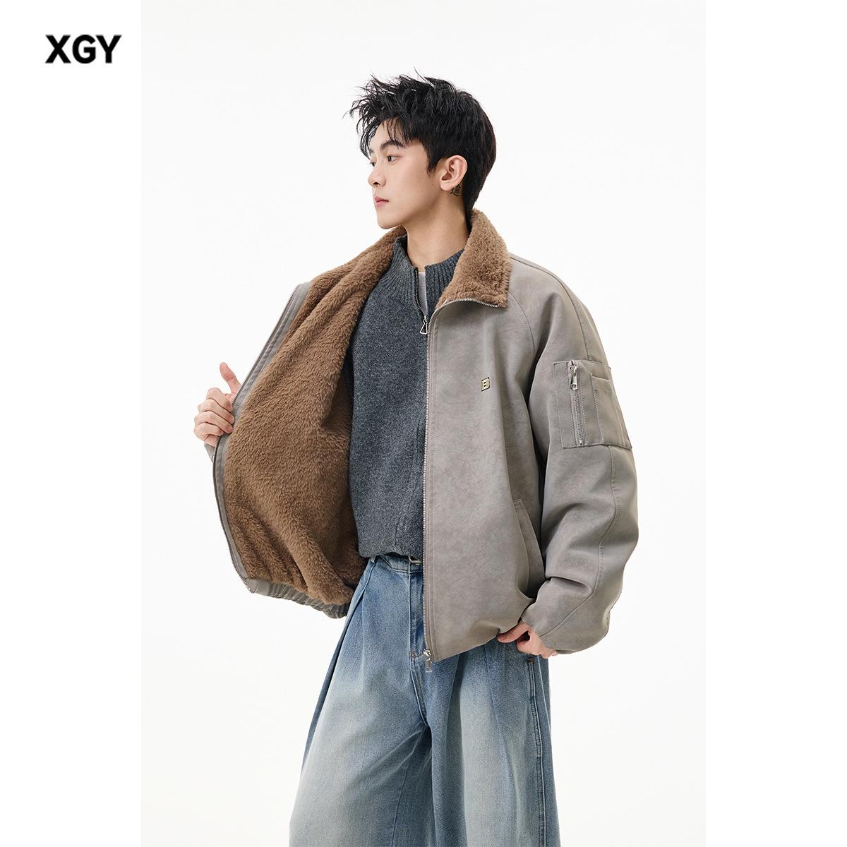 

Men s Autumn Winter Plush Lapel Cotton Jacket – Leather & Fur, Warm, Casual, Loose Fit XL сірий колір