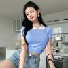Damska koszulka z wyszczuplającą dzianiną ze słodkimi klapami i krótkim rękawem Kontrastowy kolor Casual Uniwersalny krótki top