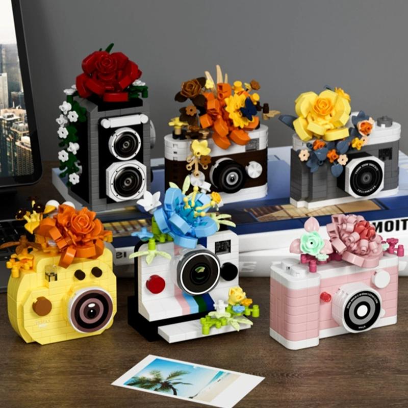 NEW DIY Camera Mirror Flower Film Retro Polaroid Rose Laurel Building Blocks Kit Girls Bricks Movie Model Kids Toy Children