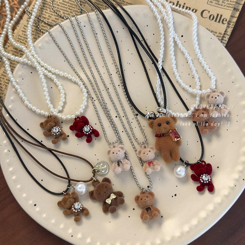 Cute Cartoon Flocked Bear Pendant Necklace Women's Accessories Light Luxury Niche Collarbone Chain Versatile High-end Sweater Chain