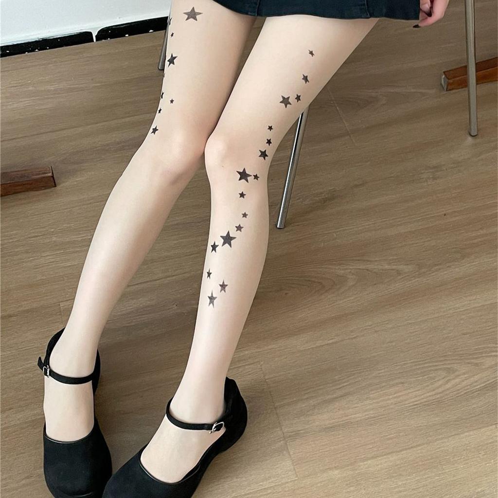 Star Print Thin Summer & Spring Stockings - Skin-Tone, See-Through, Cute & Versatile Tights